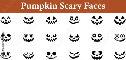 Collection of 18 Halloween pumpkin faces carved with spooky expressions presented as a silhouette isolated on transparent background