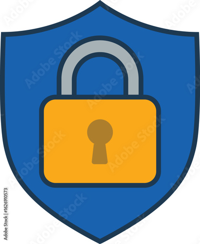 Icono vectorial de un candado con un escudo al frente, representando la protección de datos, privacidad digital y ciberseguridad. Tecnología, software de seguridad y  protección en línea