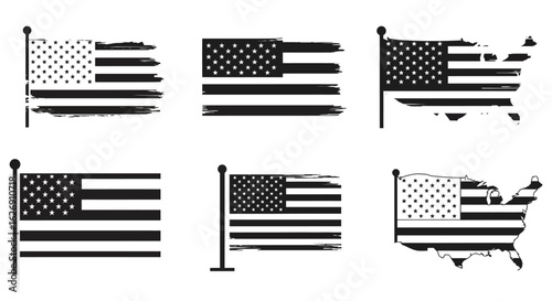 Distressed american flag designs featuring stars and stripes in various states of decay and outline