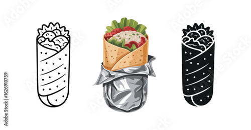 Minimalist burrito icon set featuring outline, colored, and silhouette styles—ideal for fastfood menus, Mexican cuisine, and culinary branding