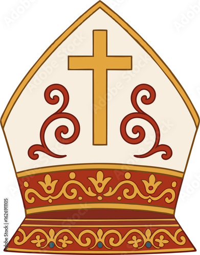 Elegant Bishop Mitre Vector Illustration with Gold Cross and Ornate Red-Gold Baroque Design