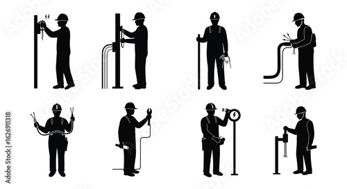 Collection of silhouettes of electricians working with tools and equipment on poles
