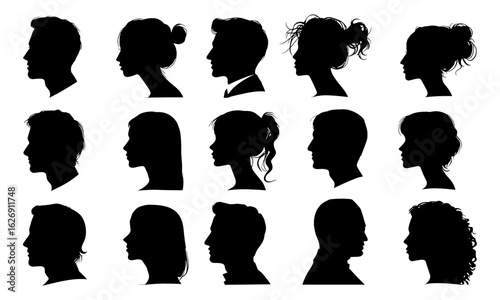 Human profiles silhouette set showing diversity, hairstyles, brain symbols, anonymous male and female heads, mystery, identity, idea, cameo contour shapes on white background