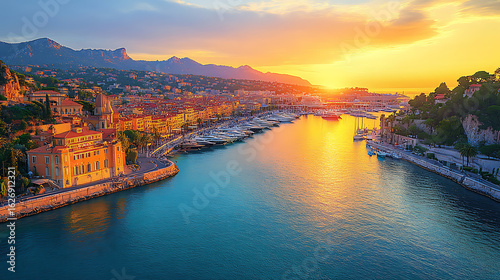Breathtaking Sunset over Nice, French Riviera Panoramic View of Harbor and Cityscape
