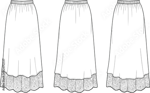 White layered skirt with lace hem, elastic waistband design, floral pattern lace details, women's fashion garment, casual style clothing flat technical sketch vector illustration 
