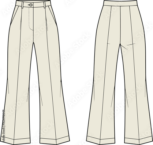 High waist wide leg trousers, tailored pants design, casual office wear flat sketch, front and back views technical fashion vector illustration, cad drawing flat vector illustratio