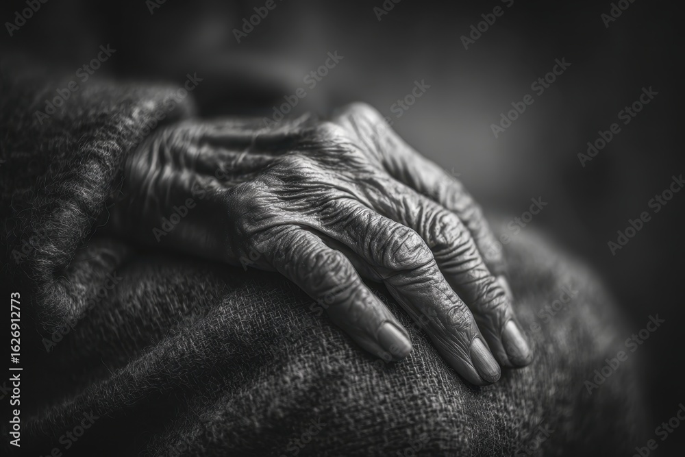 Fototapeta premium Close-up of an elderly person's hand resting on fabric, showcasing age and texture, emphasizing the passage of time and life's experiences in monochrome tones.