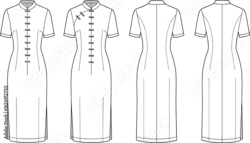 Traditional cheongsam qipao dress fashion flat sketch, Chinese dress technical drawing, elegant mandarin collar long dress outline cad drawing flat vector illustration