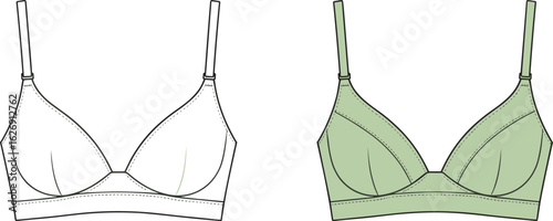 Women's bralette flat sketch, lingerie bra technical drawing, undergarment design with straps, intimate wear vector outline, apparel fashion cad drawing flat vector illustration