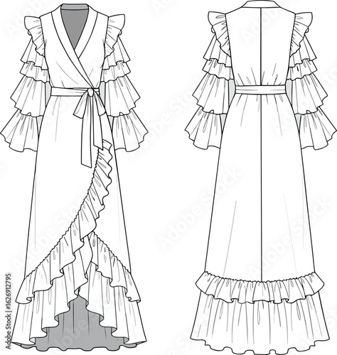 Layered ruffle sleeve wrap dress with frill hem, women’s fashion technical sketch, elegant style outline, long dress design cad drawing flat vector illustration