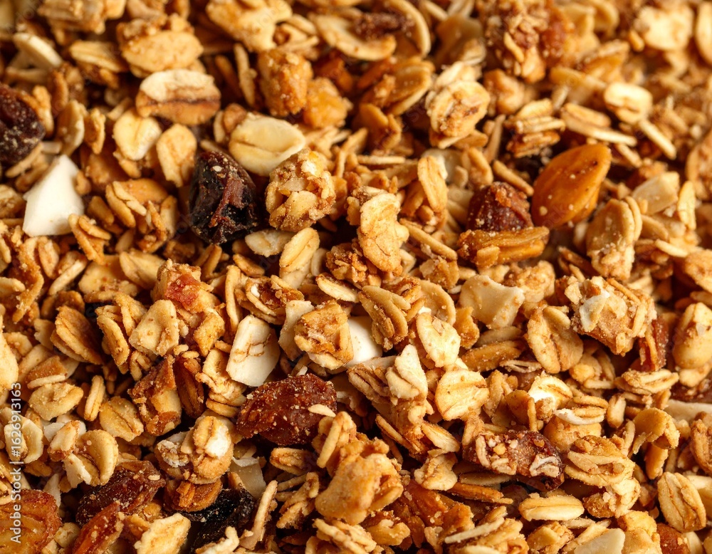 Granola Delight: A close-up shot of granola, a nutritious blend of rolled oats, nuts, seeds, and dried fruits, offering a visual feast of texture and taste.