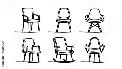Illustration showing six different types of chairs including armchairs and a rocking chair drawn in black lines