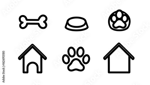 Illustration featuring a dog bone, food bowl, paw print, dog house, and another paw print icon set