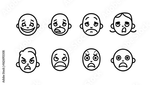 Illustration showing a variety of facial expressions including happy sad angry and surprised faces in black and white