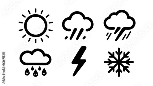 Illustration of weather icons including sun, clouds with rain, lightning, and snowflake symbols in black
