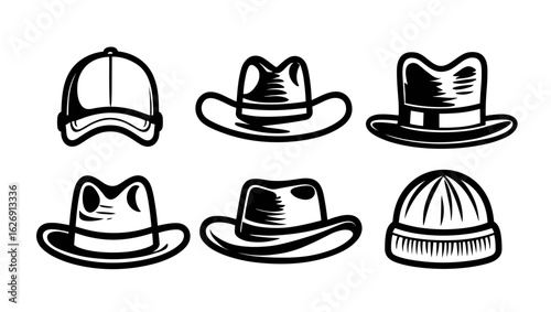 Collection of six stylized black and white hats including baseball caps and fedoras in vector format