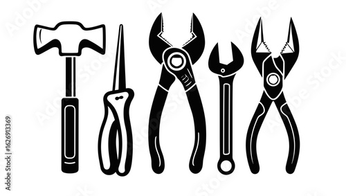 Illustration of a hammer, needle nose pliers, linesman pliers, wrench, and slip joint pliers