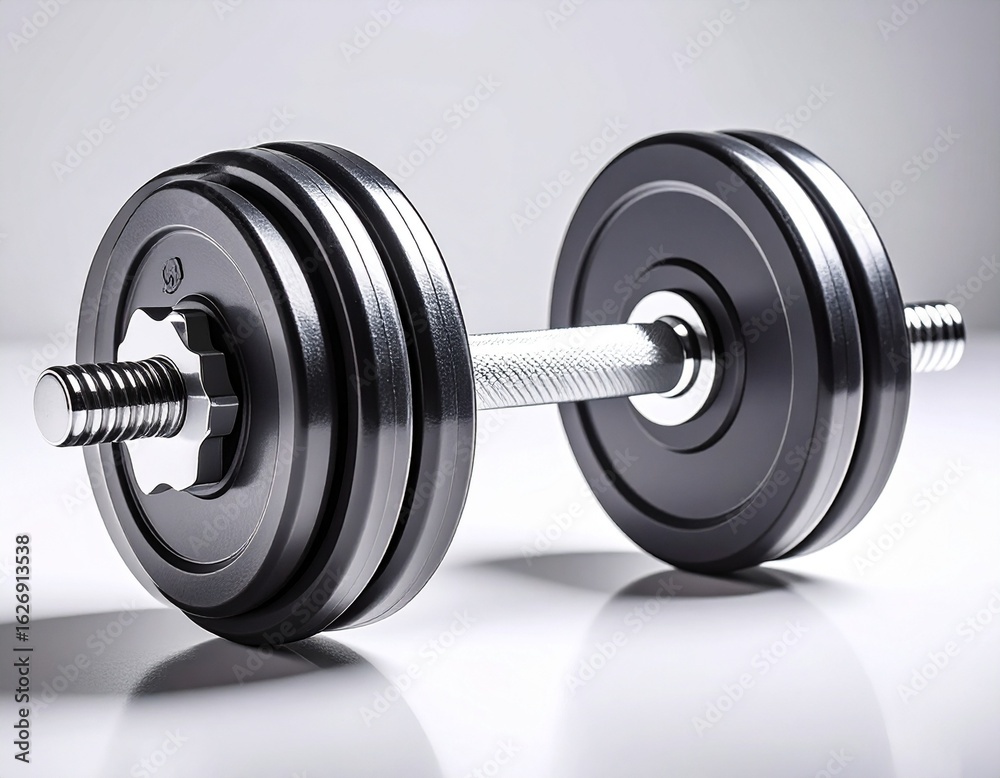 Naklejka premium Steel Dumbbell in Fitness Realm: A close-up shot of a gleaming, steel dumbbell symbolizes strength, endurance, and the relentless pursuit of personal fitness.