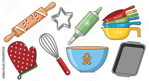 Illustration of baking tools including a rolling pin, star cutter, and measuring cups and more items