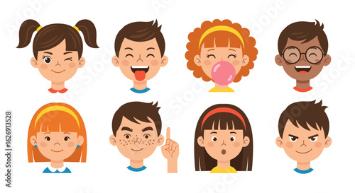 Collection of cartoon style faces showcasing various expressions and characters in a vibrant display