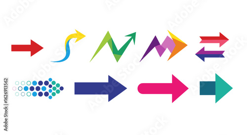 Illustration of various arrow designs in different colors and styles pointing towards the right side direction