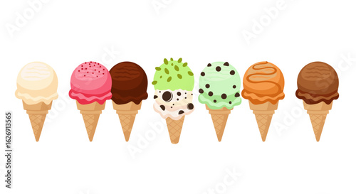 An assortment of ice cream cones in various flavors and colors arranged in a horizontal line up close