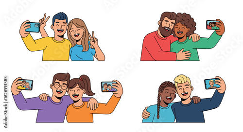Illustration showcasing diverse groups of friends joyfully taking selfies with their smartphones