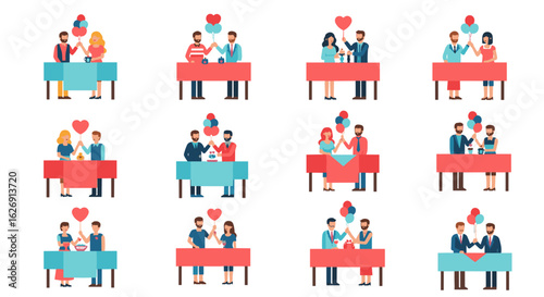 Various couples celebrating with balloons and gifts at tables in a grid arrangement illustration