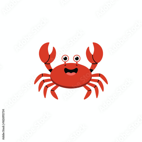 Cartoon illustration of a red crab with large claws and a smiling face on a white background scene