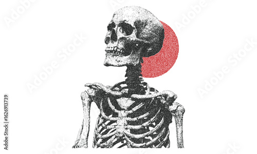 Collage skeleton element with retro grainy texture and vintage stipple photocopy effect. Vector tattoo and grunge poster illustration in 90s psychedelic surreal aesthetic, horror, goth, dark skull