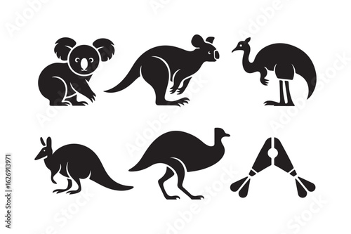Collection of australian animal silhouettes including koala kangaroo and emu
