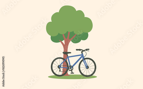 Ilustración digital de una bicicleta aparcada junto a un árbol, en un entorno natural y urbano. Simboliza sostenibilidad, vida activa y respeto por el medio ambiente. 