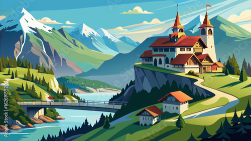 From Männlichen viewpoint, snow-capped peaks stretch endlessly across the horizon, while emerald meadows roll beneath. A crisp alpine breeze carries silence, painting serenity across the majestic Swis