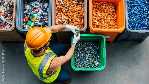 Worker organizing recyclable batteries for sustainable waste management in a recycling facility