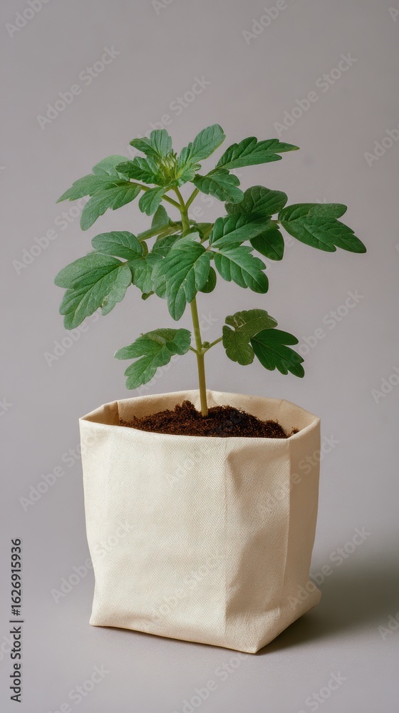 Obraz premium Young green plant growing in a textured fabric pot against a neutral gray background