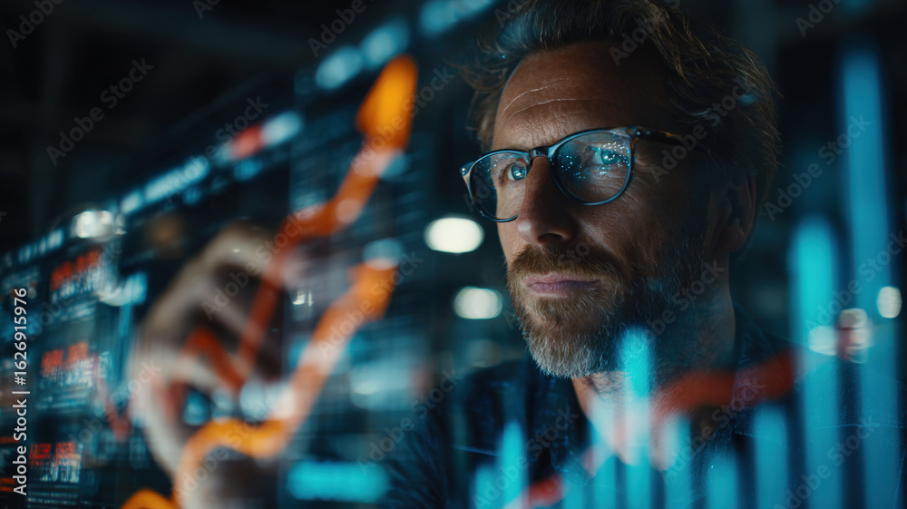 Business Man Analyzing Growing Financial Chart on Digital Screen - Investment Success and Data Analysis Business Man Analyzing Growing Financial Chart on Digital Screen - Investment Success and Data Analysis