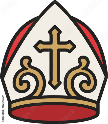 Flat Vector Bishop Mitre Icon with Gold Cross and Red-White Color Scheme