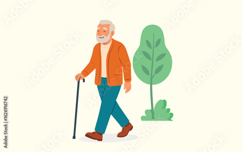Ilustración vectorial de un adulto mayor caminando con bastón, vestido de forma casual en un entorno urbano o comunitario. Inclusión social, salud, envejecimiento activo y respeto por la tercera edad