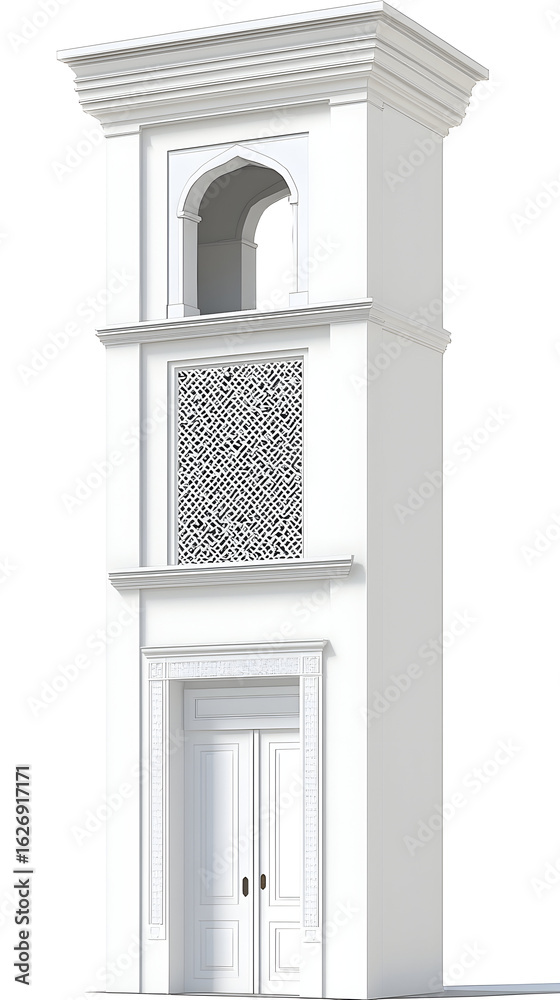 Fototapeta premium Elegant white tower entrance architectural design; isolated on white background; for architectural plans or presentations