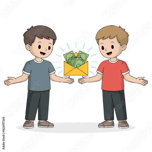 Two cartoon boys presenting an envelope full of money with light rays emanating from behind the envelope