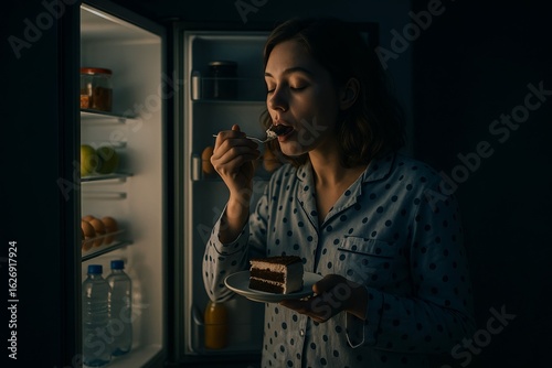 Young woman in pajamas eating chocolate cake in front of fridge at night. Concept of binge eating, midnight cravings, emotional eating, unhealthy late night habits