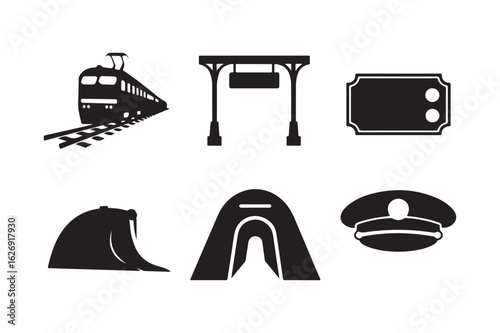 Collection of vintage train travel icons and symbols