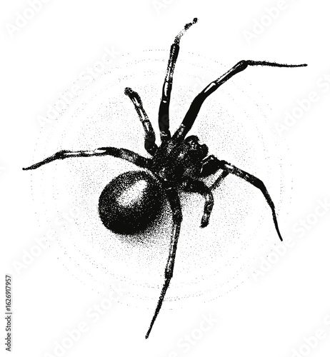 Retro Halloween spider collage with vintage stippling and grunge photocopy effect. Psychedelic surreal horror poster vector with dotted texture, experimental, creepy, nostalgic, dark, eerie theme