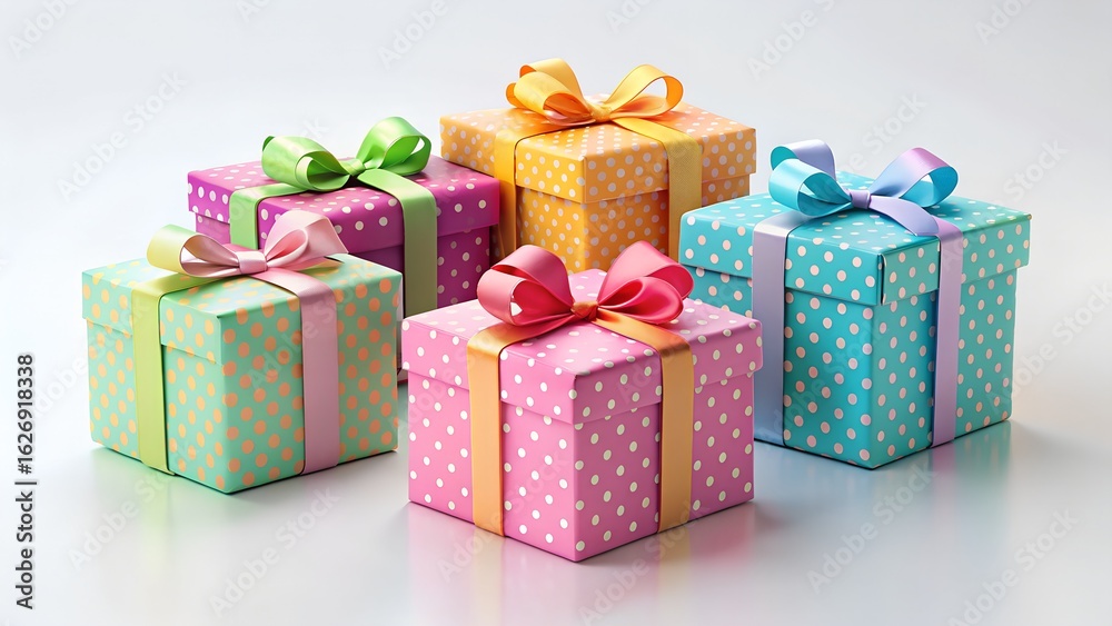 Obraz premium Colorful polka dot gift boxes with ribbons and bows