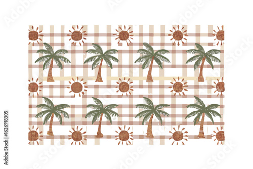 Tropical palm trees and sun pattern on plaid background