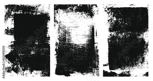 Hand printed black square grunge texture backgrounds collection with linocut, relief printing, letterpress roughness. Lino ink stains, paint roller overlays, artistic borders, textured frames