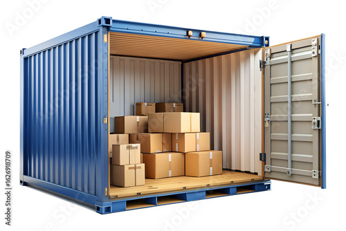 Blue shipping container with cargo inside, isolated on transparent background