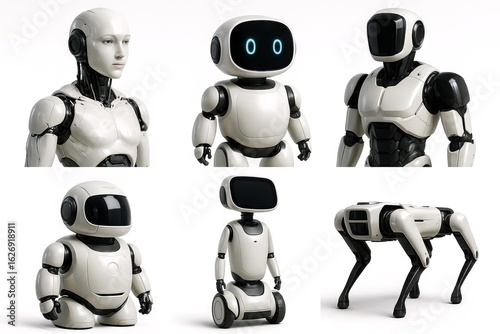 Modern robots collection featuring humanoid and quadruped designs showcasing advanced robotics technology concepts of innovation, artificial intelligence, future automation