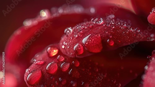 A close-up shot of a red flower with water droplets on its petals