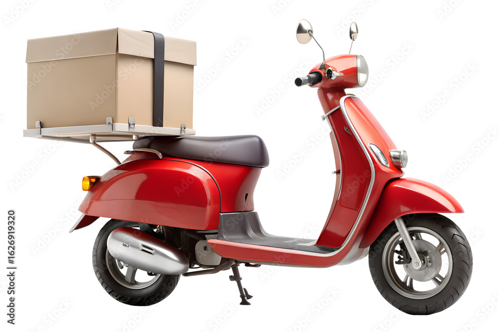 Obraz premium Red delivery scooter with a large cardboard box on the back, isolated on transparent background
